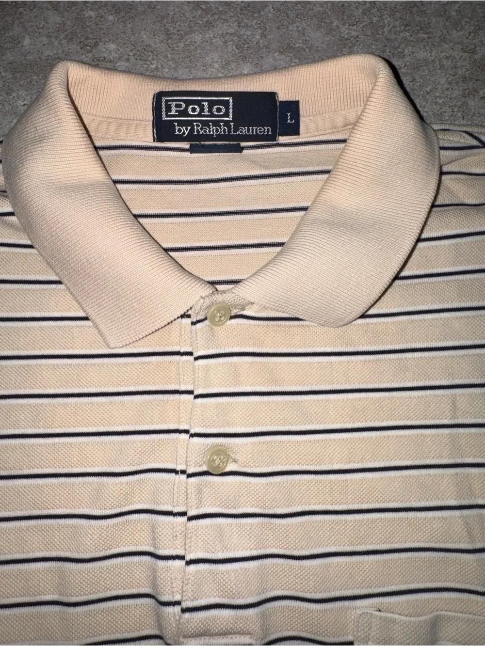 Polo by Ralph Lauren Men’s L Classic Fit Beige/Blue Striped Polo Pocket Logo